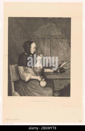 Young woman drinking from a wijnglasLa Dégustation (title object) Object type: picture Item number: RP-P-OB-41.431 Inscriptions / Brands: collector's mark, verso, stamped: Lugt 2228 Manufacturer : printmaker Albert Emile Artigue ( listed on object) for painting by Gerard ter Borch (II) (listed building) printer: Lallement & Cie (listed property) Place manufacture: printmaker France to painting: Netherlands Date: 1860 - 1927 Physical characteristics:. etching material: paper Technique : etching dimensions: plate edge: h 257 mm × W 207 mm Subject: sitting figure - AA - female human figure glass Stock Photo