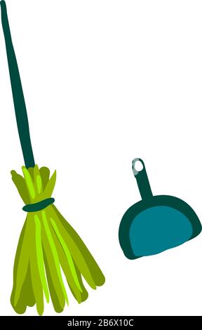 Broom and scoop, illustration, vector on white background. Stock Vector