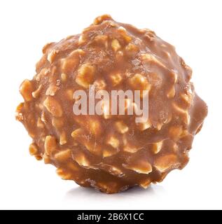 Chocolate candy with pieces of hazelnut. Bonbon with nut pieces, isolated on white background with shadow reflection. With clipping path. With vector Stock Photo