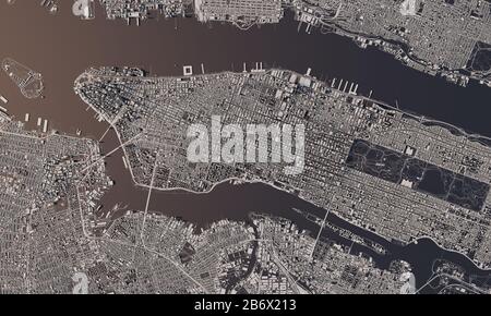 New York city map 3D Rendering. Aerial satellite view. Stock Photo