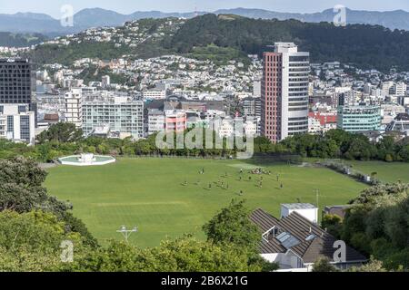 WELLINGTON, NEW ZEALAND - November 12 2019: aerial cityscape with soccer players at Botanic Garden Playground, shot in bright spring light on november Stock Photo