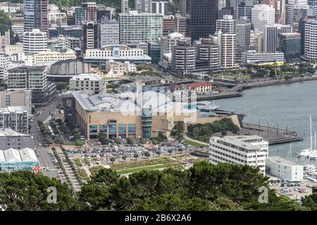 WELLINGTON, NEW ZEALAND - November 13 2019: aerial cityscape with panoramic view from Mount Victoria hill of downtown revamp area and Te Papa museum o