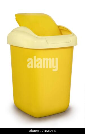 Mini Plastic Trash Can with Swing Lid. Isolated on white background with clipping path. Small waste bin made of plastic. Household waste bin suitable Stock Photo