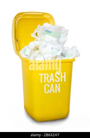 Trash full of used disposable diapers. Isolated on white background with natural shadow. With clipping path. Plastic trash can overfilled with nappies Stock Photo