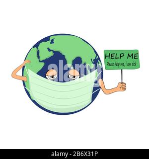 drawing by vector World cartoon sick and wearing a medical mask to prevent the pandemic colona covid-19 virus worldwide Stock Vector