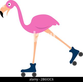 Flamingo on roller skates, illustration, vector on white background. Stock Vector