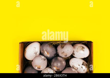 Silver painted decorative eggs in wooden box on bright yellow background. Easter concept. Place for text. Stock Photo