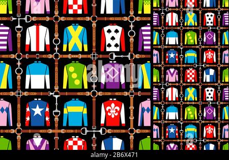 Seamless pattern jockey uniform. Traditional design. Silk. Harness, bridle, harness, belt Horse racing fashion Vector Illustration Stock Vector