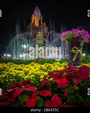 Cong Vien Sua park Nha Trang at night, Beautiful flowers Fountain and Incense tower  Vietnam Stock Photo