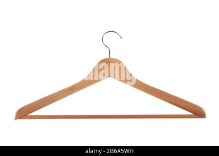 Studio shot of a wooden hanger isolated on white background Stock Photo