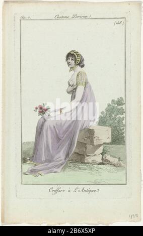 Woman sitting on a rock, with a bouquet of flowers in her left hand. "Coeffure à l'Antique '. She wears a purple gown with short sleeves and striped tails. Accessories: bracelet, flat shoes with pointed noses. The picture is part of the fashion magazine Journal des Dames et des Modes, published by Pierre de la Mésangère, Paris, 1797-1839. Manufacturer : printmaker: anonymous publisher: Pierre de la MésangèrePlaats manufacture: Paris Date: 1799 Physical features: engra, hand colored material: paper Technique: engra (printing process) / hand-color measurements: plate edge: h 179 mm × W 112 mm Su Stock Photo