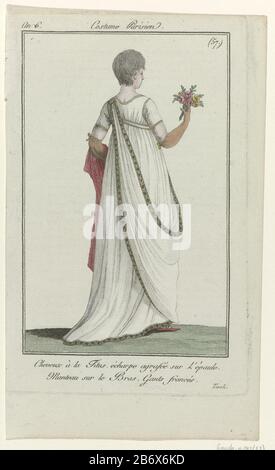 Haircut 'à la Titus. Long scarf pinned to the left shoulder. Cloak over his left arm. Long gloves, smocked. Gown with short sleeves and slip, trimmed with decorative ribbon (?). flat shoes with pointed nose. According to the caption, this idea to life drawn in 'Tivoli'. The picture is part of the fashion magazine Journal des Dames et des Modes, edited by Sellèque, Paris, 1797-1839. Manufacturer : printmaker: anonymous publisher: Sellèqueuitgever: Pierre de la MésangèrePlaats manufacture: Paris Date: 1798 Physical features: engra, hand-colored material : paper Technique: engra (printing process Stock Photo