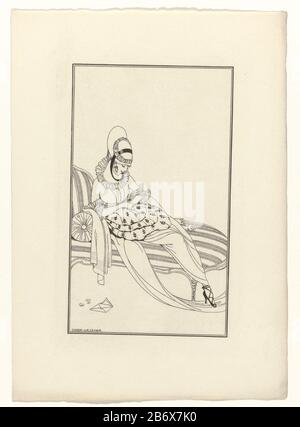 Journal des Dames et des Modes, Costumes Parisiens, 1914, No 162 Woman sitting on a chaise longue, dressed in a gown with pleated gabardine strips are embroidered by hand. Proof of a picture from the periodical fashion Journal des Dames et des Modes (1912-1914) . Manufacturer : to drawing of: Gerda Wegener (indicated on object) print maker: anonymous date: 1914 Physical characteristics: engra; proofing material: paper Technique: engra (printing process) Measurements: plate edge: H 175 mm × W 106 mm Subject: fashion plates head-gear: hat (+ women's clothes) dress, gown (+ women's clothes) embro Stock Photo