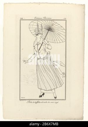 Journal des Dames et des Modes, Costumes Parisiens, 1914, No 174 Robe de taffetas () Woman in a gown of taffeta and striped" voile de soie ". Chinese or Japanese umbrella in hand. Proof of a picture from the periodical fashion Journal des Dames et des Modes (1912-1914) . Manufacturer : to drawing of: Fabius (indicated on object) print maker: anonymous date: 1914 Physical characteristics: engra; proofing material: paper Technique: engra (printing process) Measurements: plate edge: H 177 mm × W 109 mm Subject: fashion plates head-gear: hat (+ women's clothes) dress, gown (+ women's clothes) para Stock Photo