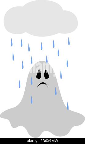 Sad ghost under cloud, illustration, vector on white background. Stock Vector