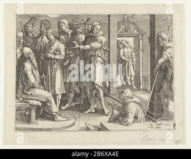 Jozef vertelt zijn dromen aan Jacob Copy mirrored. Joseph coming through doorway room and Joseph surrounded by seven of his eleven brothers, talking to Jacob and Rachel. Manufacturer : printmaker Jan Harmensz. Muller (possibly) to print by Lucas van Leyden Publisher: Gerard Valck (listed building) Dated: 1667 Physical features: car material: paper Technique: engra (printing process) Dimensions: plate edge: H 125 mm × W 171 mm Subject: Joseph's dream