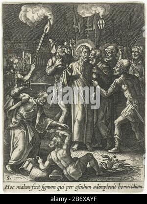 Judaskus en arrestatie van Christus Passie en wederopstanding van Christus (serietitel) Passio et Resvrrectio DN Iesv Christi (serietitel) Judas coast Christ on the cheek. The soldiers surround and arrest him. Peter is trying to hunt down a soldier. The print has a Latin caption manufacture manufacturer: printmaker: Adriaen Collaertuitgever: Adriaen CollaertPlaats manufacture: Antwerp Date: 1570 - 1618 Physical features: car material: paper Technique: engra (printing process) Dimensions: sheet: H 86 mm × W 64 mm Subject: the kiss of Judas: Accompanied by soldiers with torches and lanterns, he Stock Photo
