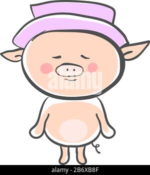 Pig with hat, illustration, vector on white background. Stock Vector