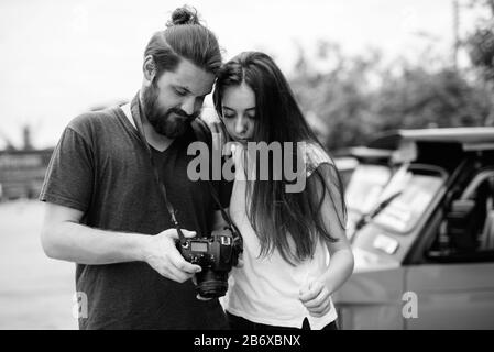 Portrait of young tourist couple having vacation together Stock Photo