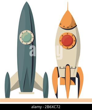 space ship and rocket flying isolated icon Stock Vector
