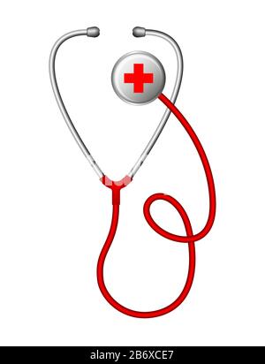 Realistic medical stethoscope, a red phonendoscope isolated on white background. Medical instrument for listening. Vector illustration Stock Vector