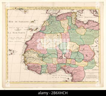 Map of northwestern Africa, Tripoli in the north to Gabon in zuiden. Manufacturer : cartographer Guillaume Delisle (listed building) publisher: Covens & Mortier (listed property) Place manufacture: Amsterdam Date: 1757 - 1774 Physical features: engra, hand-colored material: paper Technique: engra (printing process) / hand color dimensions: h 49 cm. B × 60.6 cm.  Subject: maps of separate countries or regions where: Africa Stock Photo