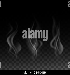 realistic smoke set isolated on transparent darck background, vector illustration Stock Vector