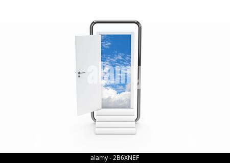 3d rendering, front perspective view of open door from screen of standing smart phone and up stairs to cloudy sky, isolated on white background. Stock Photo