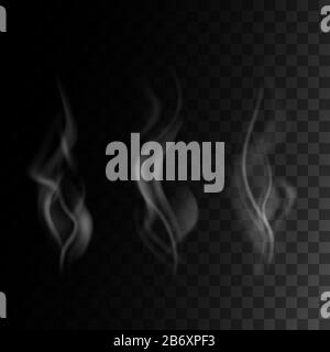 realistic smoke set isolated on transparent darck background, vector illustration Stock Vector