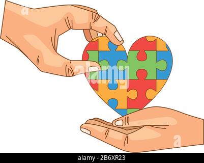 hands human with heart puzzle game pieces Stock Vector