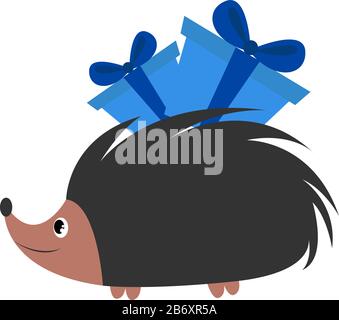 Hedgehog with presents, illustration, vector on white background. Stock Vector