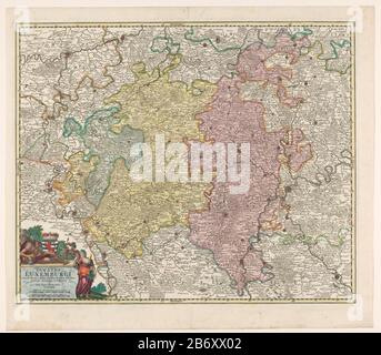 Kaart van het hertogdom Luxemburg Ducatus Luxemburgi tam in maiores quam minores (titel op object) Map of the Duchy of Luxembourg. Left under the title cartouche above the arms of the Duchy of Luxembourg under two shell sticks: Milli Aria Germanica 15 in uno Graduation / Milli Aria Gallica sive Horae Itineris. The card is provided with a degree scale along the randen. Manufacturer : print maker: anonymous publisher: Johann Baptista Homann (indicated on object) Place manufacture: Nürnberg Date: 1674 - 1724 Physical characteristics: etching and engra, hand-colored material: paper Technique: etch Stock Photo