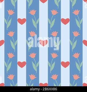 Seamless pattern with hearts and flowers tulips. Spring floral background. Vector illustration EPS10 Stock Vector