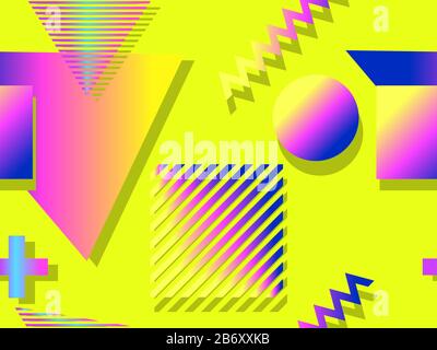 Seamless pattern in the style of the 80s and 90s with colorful gradient geometric shapes. Memphis style. Trendy design template with vibrant gradient Stock Vector