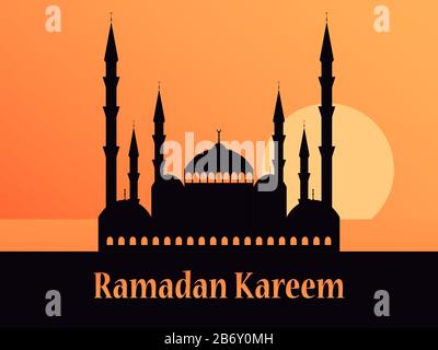 Ramadan Kareem. Silhouette of a mosque at sunset. Month of Ramadan. Vector illustration Stock Vector