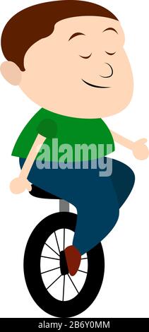 Kid on monocycle, illustration, vector on white background. Stock Vector