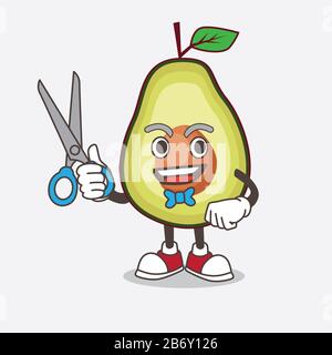 An illustration of Avocado Fruit cartoon mascot character as smiling barber with scissors on hand Stock Photo