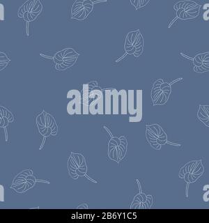 Seamless pattern of doodle flowers. Hand drawn jungle flower anthurium on a blue background. Decorative vector exotic tropical element for invitations Stock Vector
