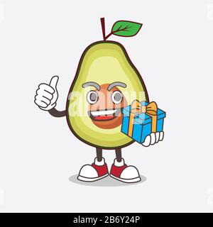An illustration of Avocado Fruit cartoon mascot character with gift Stock Photo