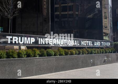 sign in front of Trump International Hotel and Tower in Manhattan, New York Stock Photo