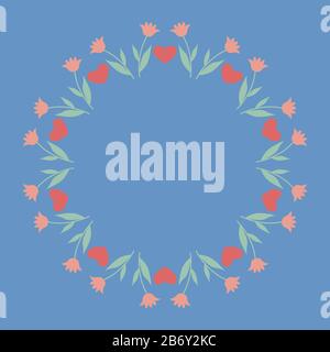 Decorative template with round floral ornament. Circular floral frame with wild flowers tulips and hearts. Vector illustration EPS10 Stock Vector