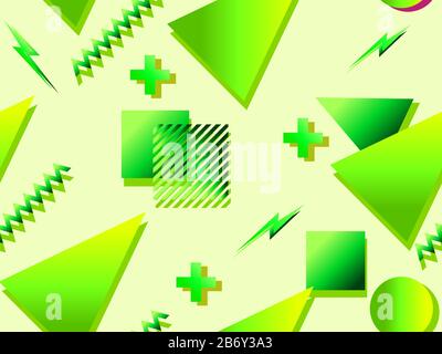 Seamless pattern in the style of the 80s and 90s with colorful gradient geometric shapes. Memphis style. Trendy design template with vibrant gradient Stock Vector
