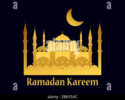 Ramadan Kareem. Mosque and crescent of gold color on a black background. Month of Ramadan. Vector illustration Stock Vector