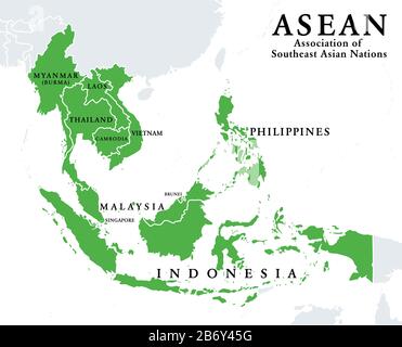 ASEAN member states, infographic and map. Association of Southeast Asian Nations, a regional intergovernmental organization with 10 member countries. Stock Photo