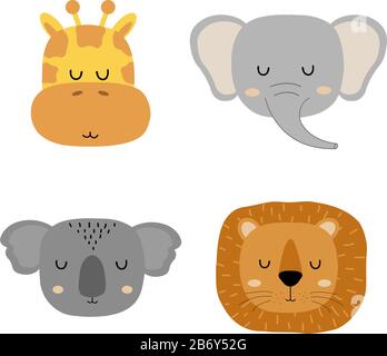 Set of cute hand drawn slleping animals - giraffe, elephant, lion and koala. Cartoon zoo. Vector illustration. Animals for the design of children's Stock Vector