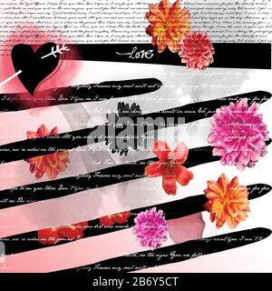 Colorful flowers loving letter. Floral pattern with heart and articles. - illustration Stock Photo
