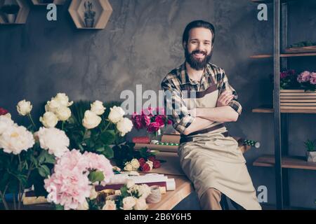Portrait of handsome stylish people millennial commercial feel content enjoy rejoice sit table desktop occupation hobby workplace workshop satisfied Stock Photo