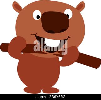 Beaver with stick, illustration, vector on white background. Stock Vector