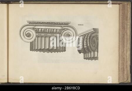 Kapiteel van de Ionische orde Ionico (titel op object) Zuilenorden (serietitel) capital of the Ionic order. This print is a part of a album. Manufacturer : print maker: anonymous to a design by: Jacques Androuet (possible) Date: 1601 - 1651 Physical characteristics: etching material: paper Technique: etching dimensions: plate edge: H 124 mm × W 183 mm Subject: Ionic order  architecture Stock Photo