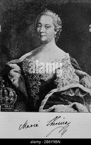 Maria Theresa of Austria, May 13, 1717-29. November 1780, was a princess of the Habsburg family. The Archduchess of Austria and Queen a. a. of Hungary (with Croatia) and Bohemia was one of the defining monarchs of the era of the enlightened absolutism  /  Maria Theresia von Österreich, 13. Mai 1717-29. November 1780, war eine Fürstin aus dem Hause Habsburg. Die von 1740 bis zu ihrem Tod regierende Erzherzogin von Österreich und Königin u. a. von Ungarn (mit Kroatien) und Böhmen zählte zu den prägenden Monarchen der Ära des aufgeklärten Absolutismus, Historisch, digital improved reproduction of Stock Photo